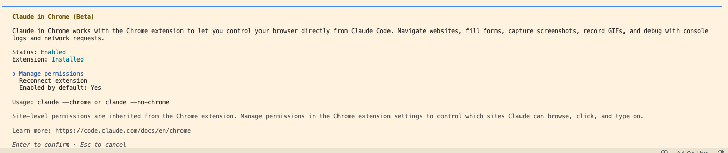 Claude in Chrome (Beta) が Enabled の画面